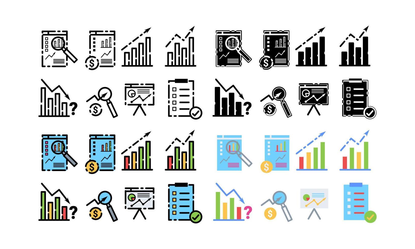 Set of business analyst icon vector with different style. Line, glyph and filled outline colorful version