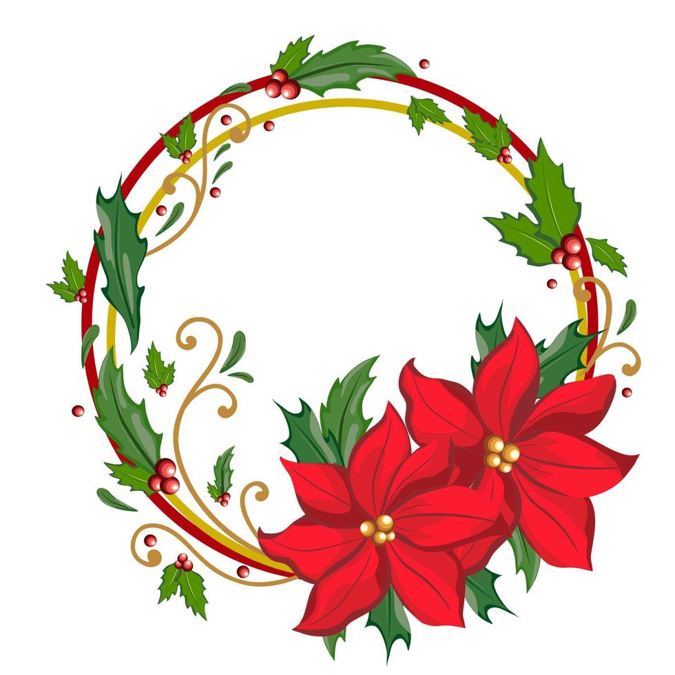 Flora and round twig wreath of red Christmas flower, green leaves and wild red berry in Christmas season color, flat vector image.