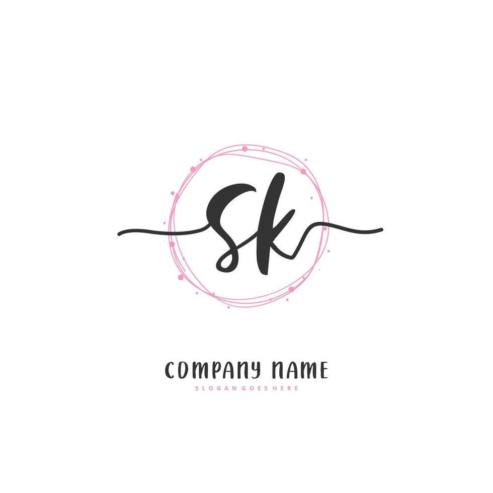 sk escritura inicial a mano y diseño de logotipo de firma con círculo. hermoso diseño de logotipo escrito a mano para moda, equipo, boda, logotipo de lujo. vector