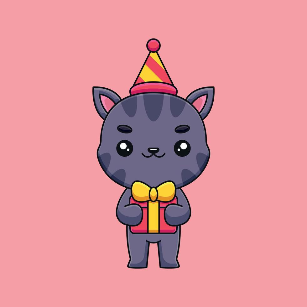 lindo cumpleaños gato dibujos animados mascota garabato arte dibujado a mano concepto vector kawaii icono ilustración