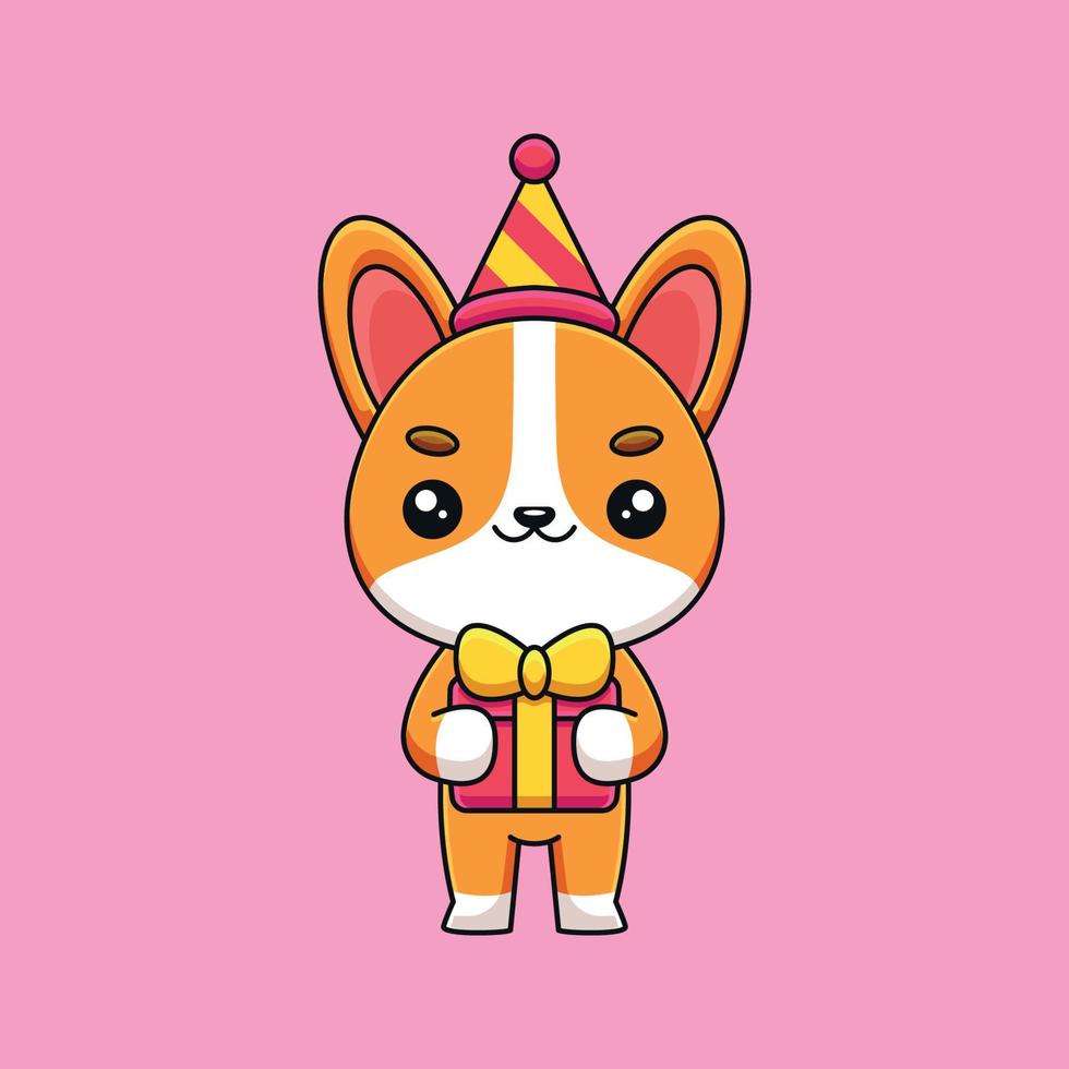 cute birthday corgi cartoon mascot doodle art hand drawn concept vector kawaii icon illustration