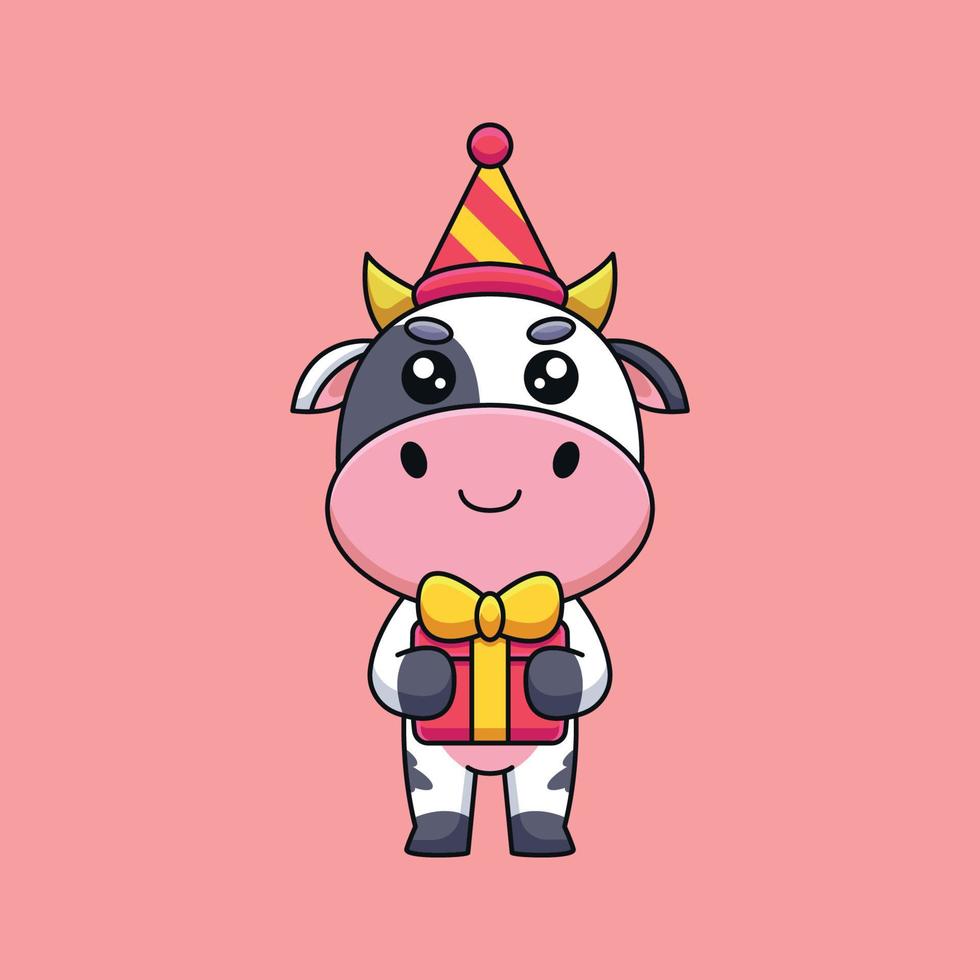 cute birthday cow cartoon mascot doodle art hand drawn concept vector kawaii icon illustration