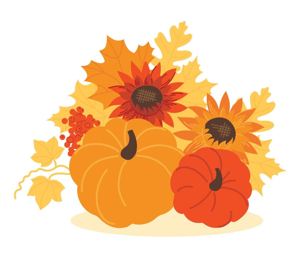Autumn decor. Pumpkins and a bouquet of autumn leaves. Vector image.