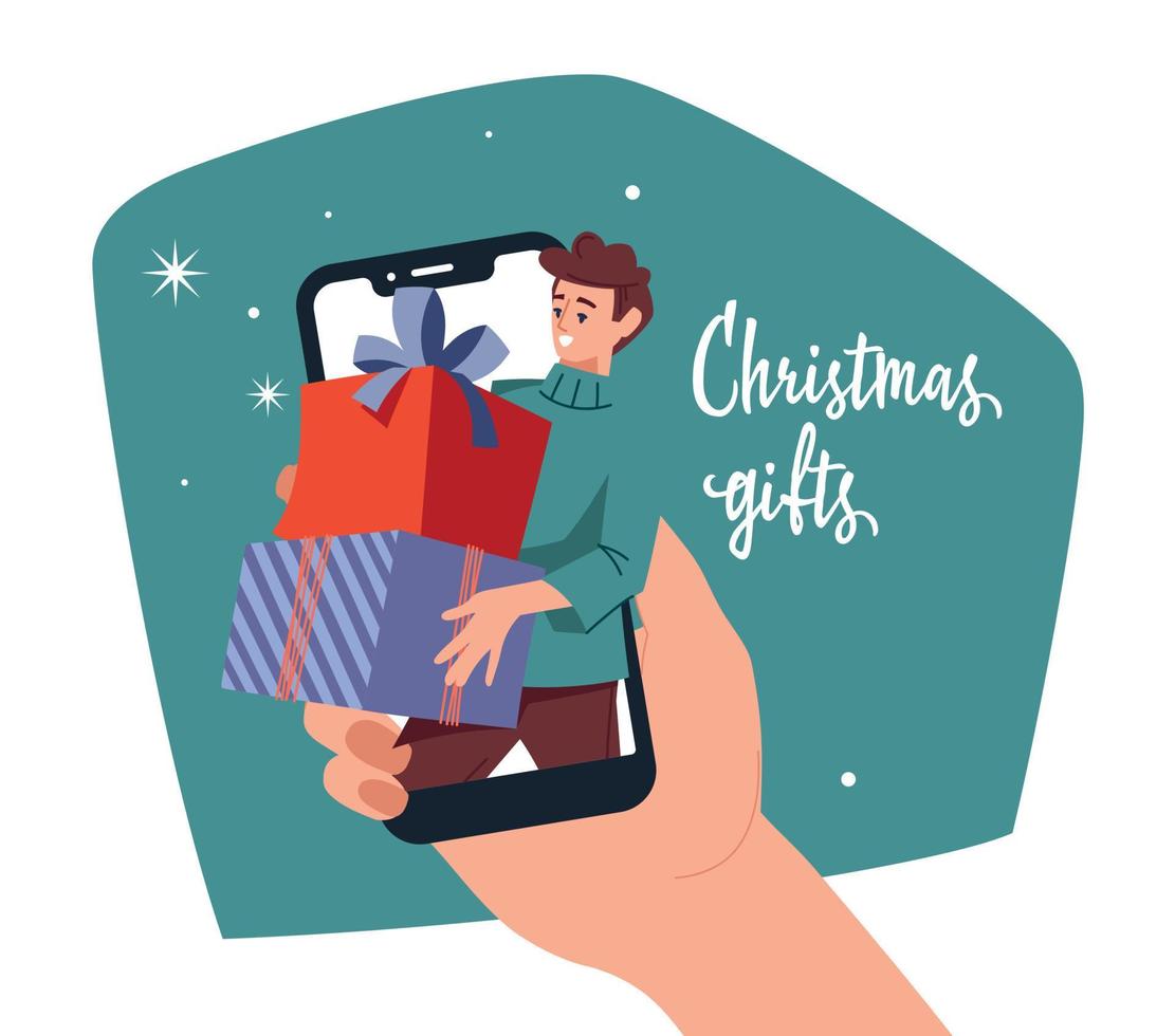 A man with a gift looks out of the phone. Online congratulations. The hand is holding a mobile phone. Vector illustration.