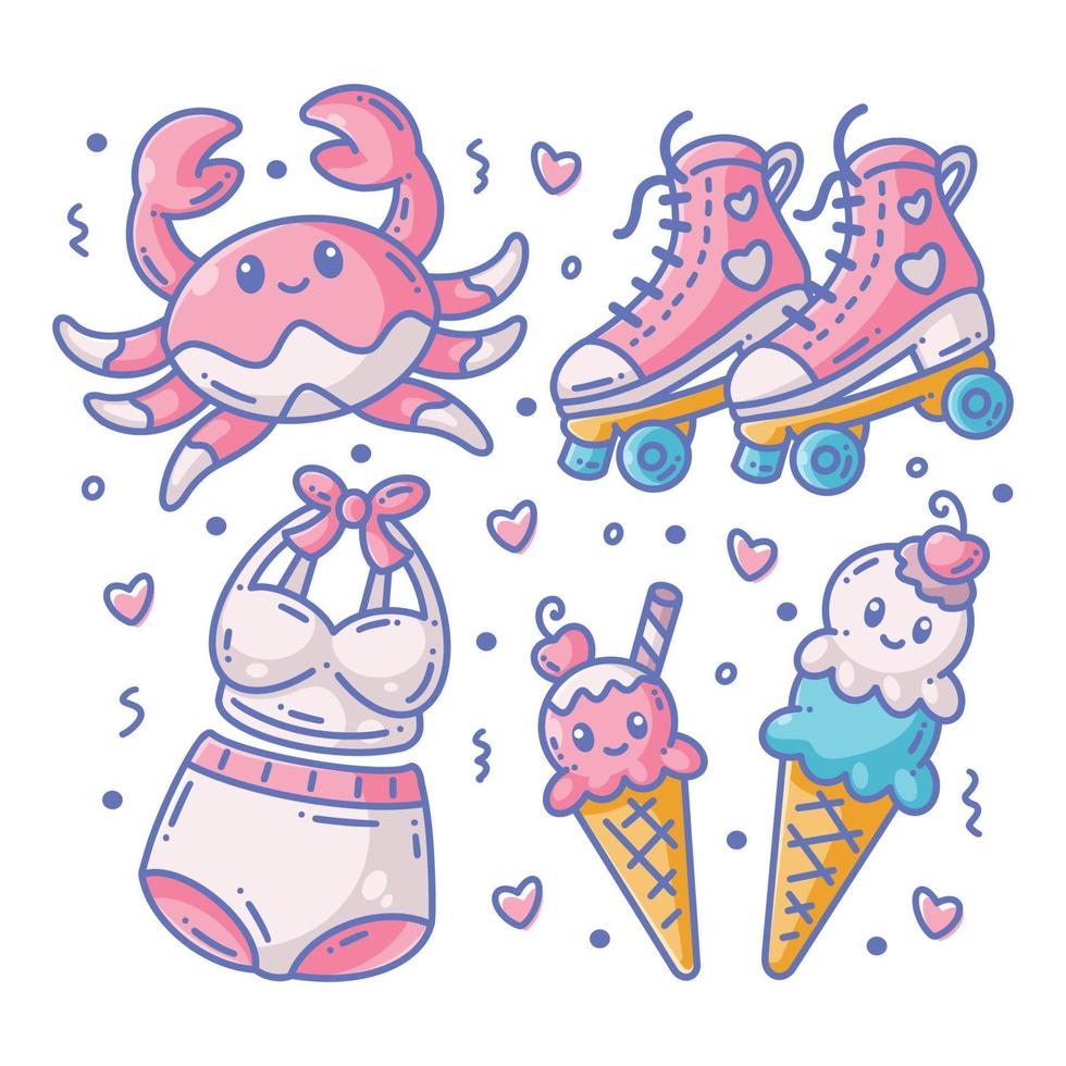 Summer icon collection in hand drawn style full color vector