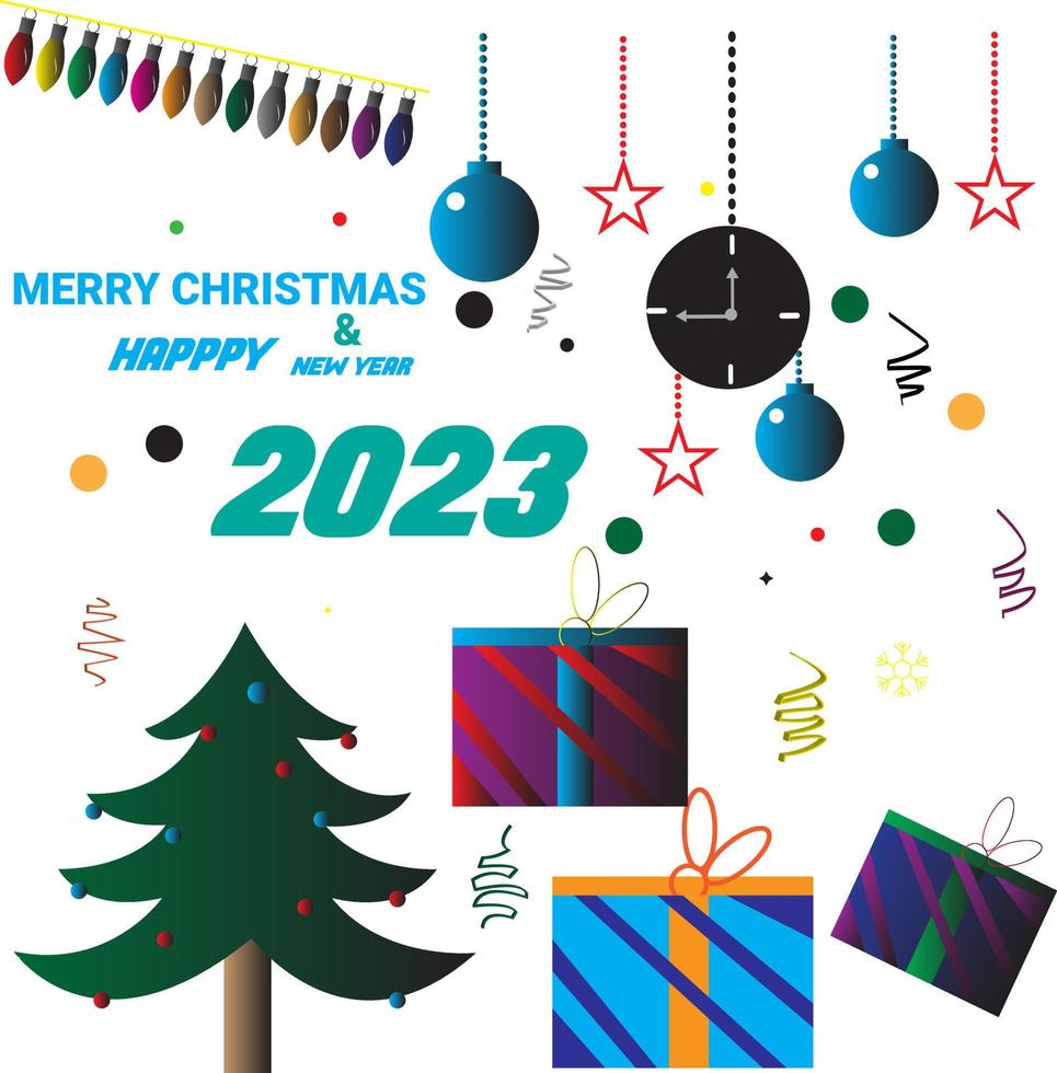 Christmas and New Year with the theme of a gift tree and lights.Gold Christmas and New Year Typographical on dark background with fir branches, gift boxes, pine cones, stars. vector