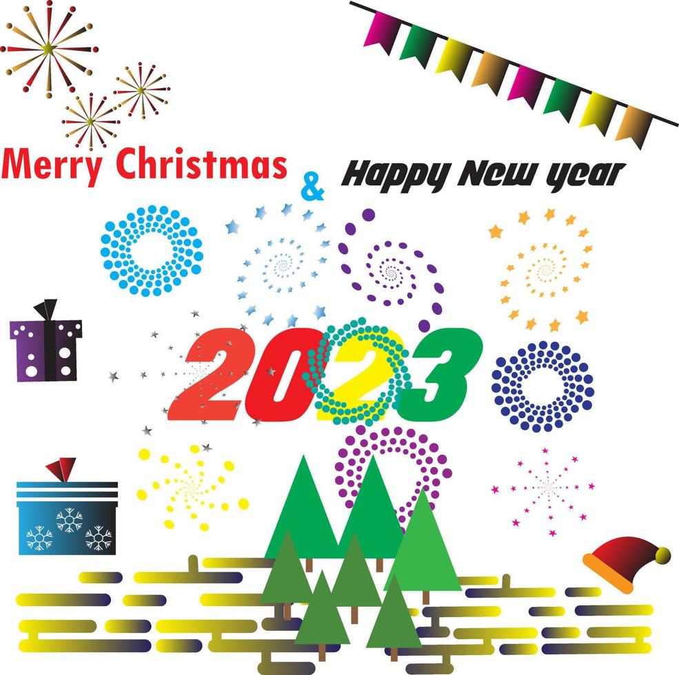 New year card with christmas tree and gift ornament. vector