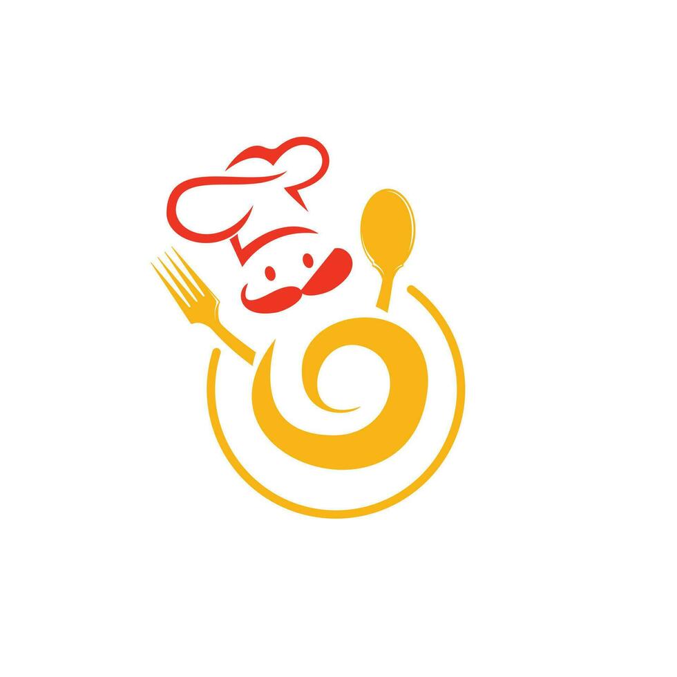 plantilla de logotipo para comida y restaurante. concepto de símbolo creativo de master chef. cara de cocinero, bigote y sombrero. vector