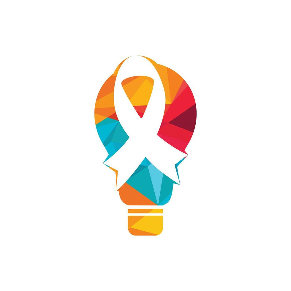 Pink ribbon and bulb vector logo design. Fighting Breast Cancer Idea with realistic glowing light bulb.