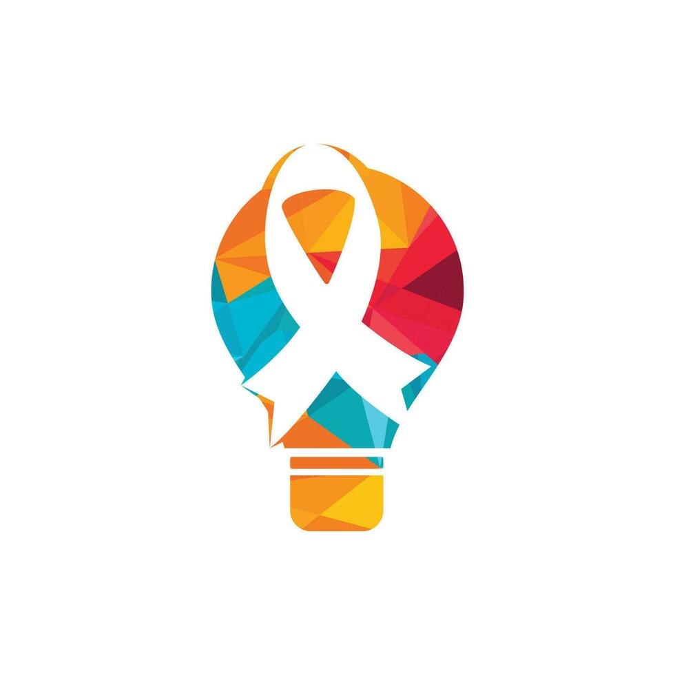 Pink ribbon and bulb vector logo design. Fighting Breast Cancer Idea with realistic glowing light bulb.