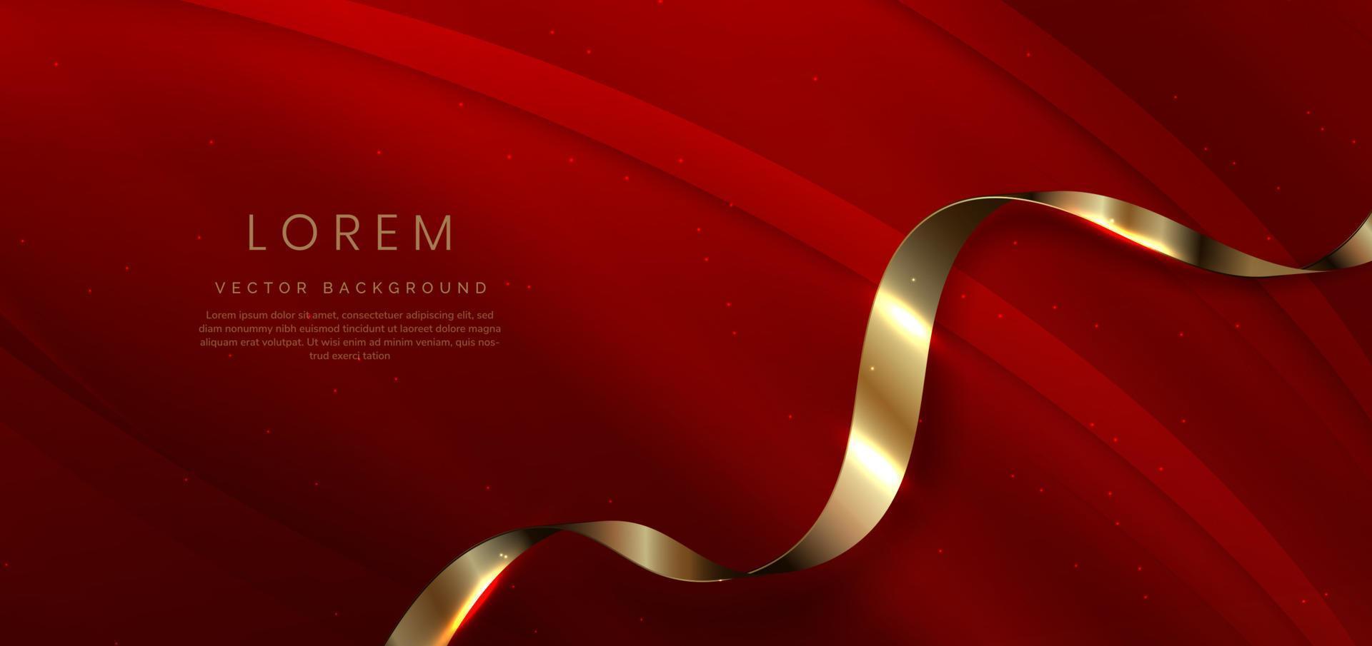 Abstract 3d template red background with gold lines curved wavy with copy space for text. Luxury style. vector