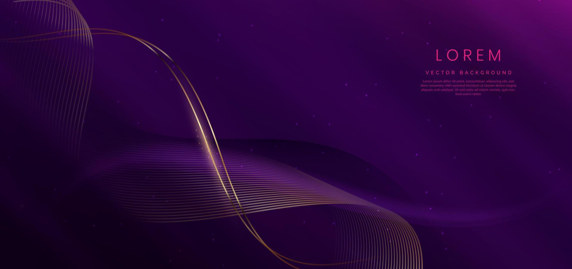 Líneas doradas curvas de lujo sobre fondo morado oscuro con espacio de copia de efecto de iluminación para texto. estilo de diseño de lujo. vector