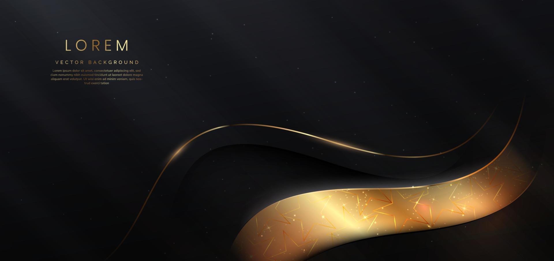 Luxury curve golden lines on black background with lighting effect copy space for text. vector