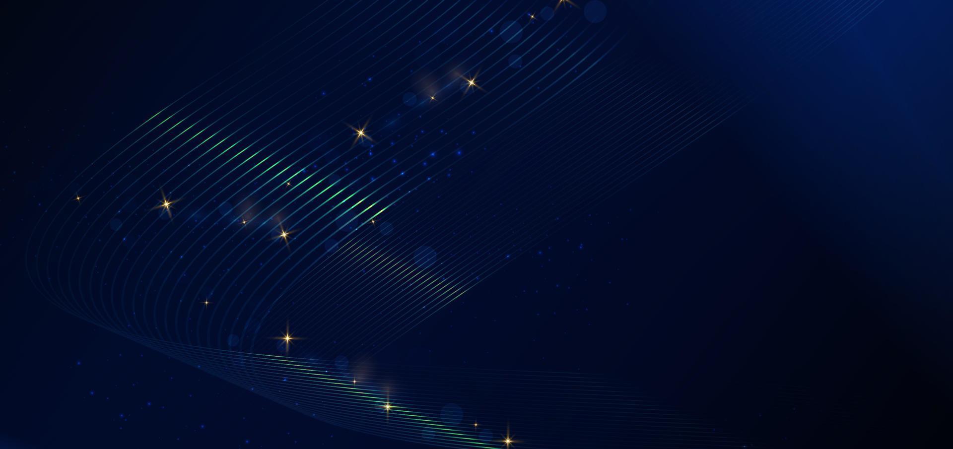 Elegant glowing curved lines on dark blue background with lighting effect and sparkle with copy space for text. vector
