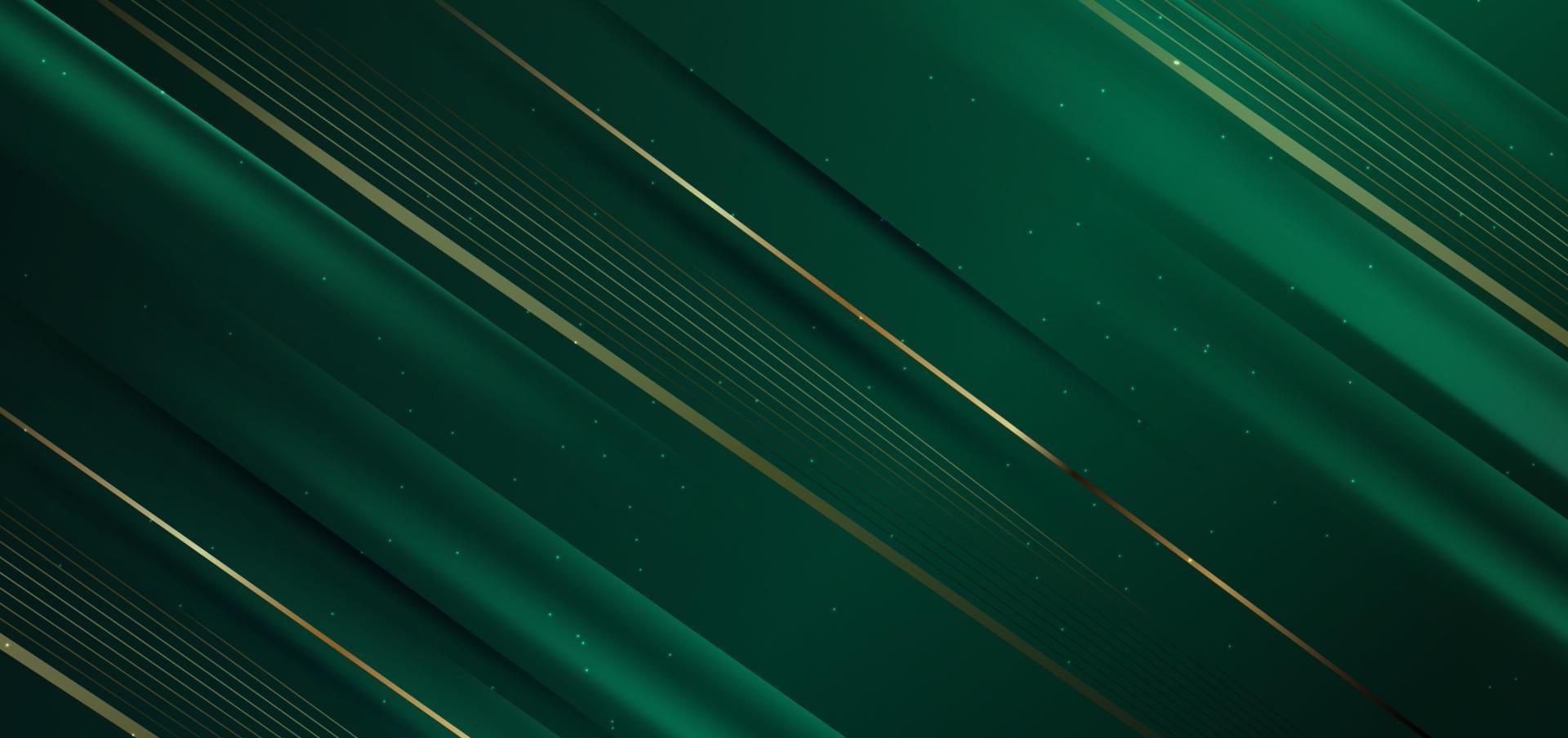 Abstract elegant dark green background with golden line diagonal and lighting effect sparkle. Luxury template design. vector