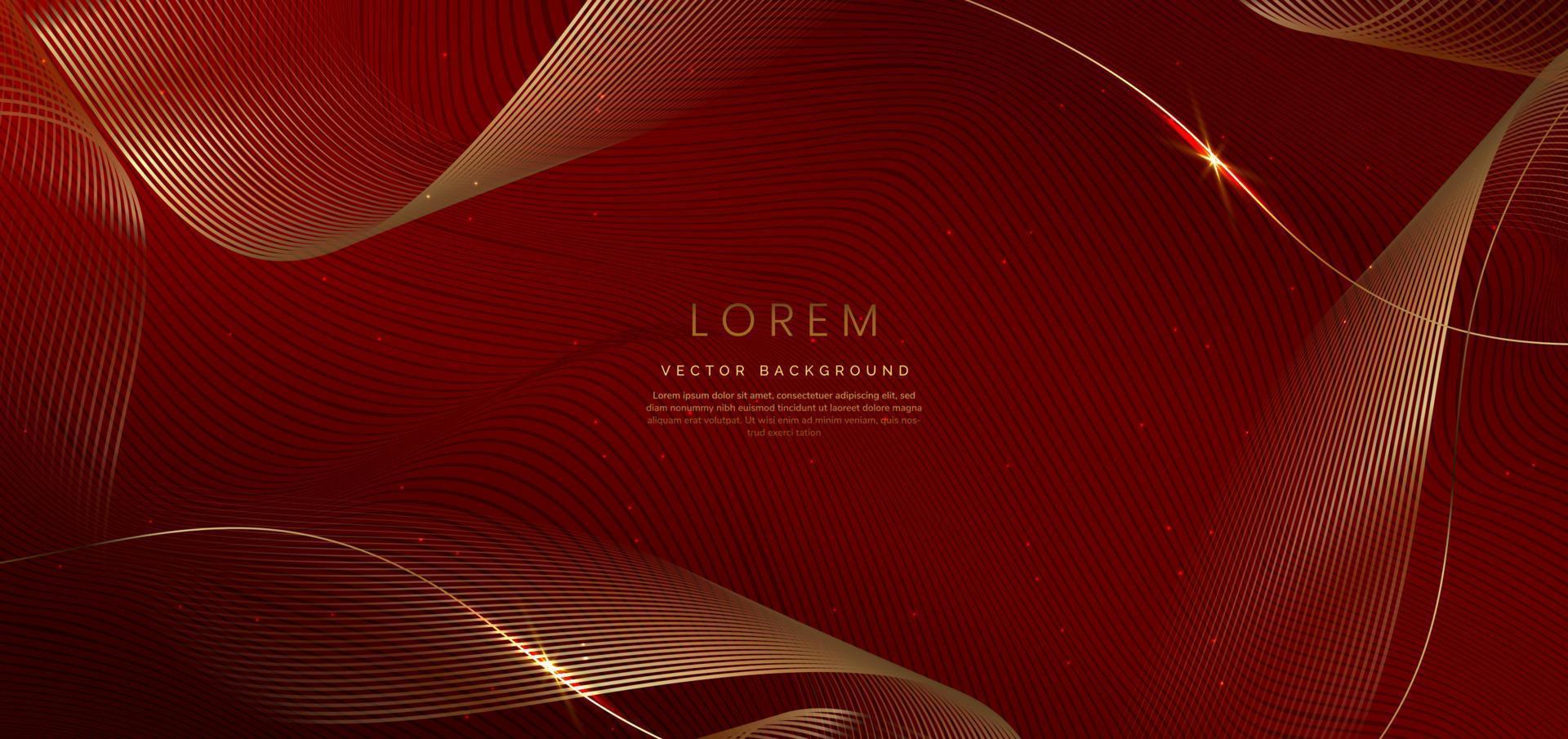 Luxury golden lines wave on red background with lighting effect sparkle. Template premium award design. vector