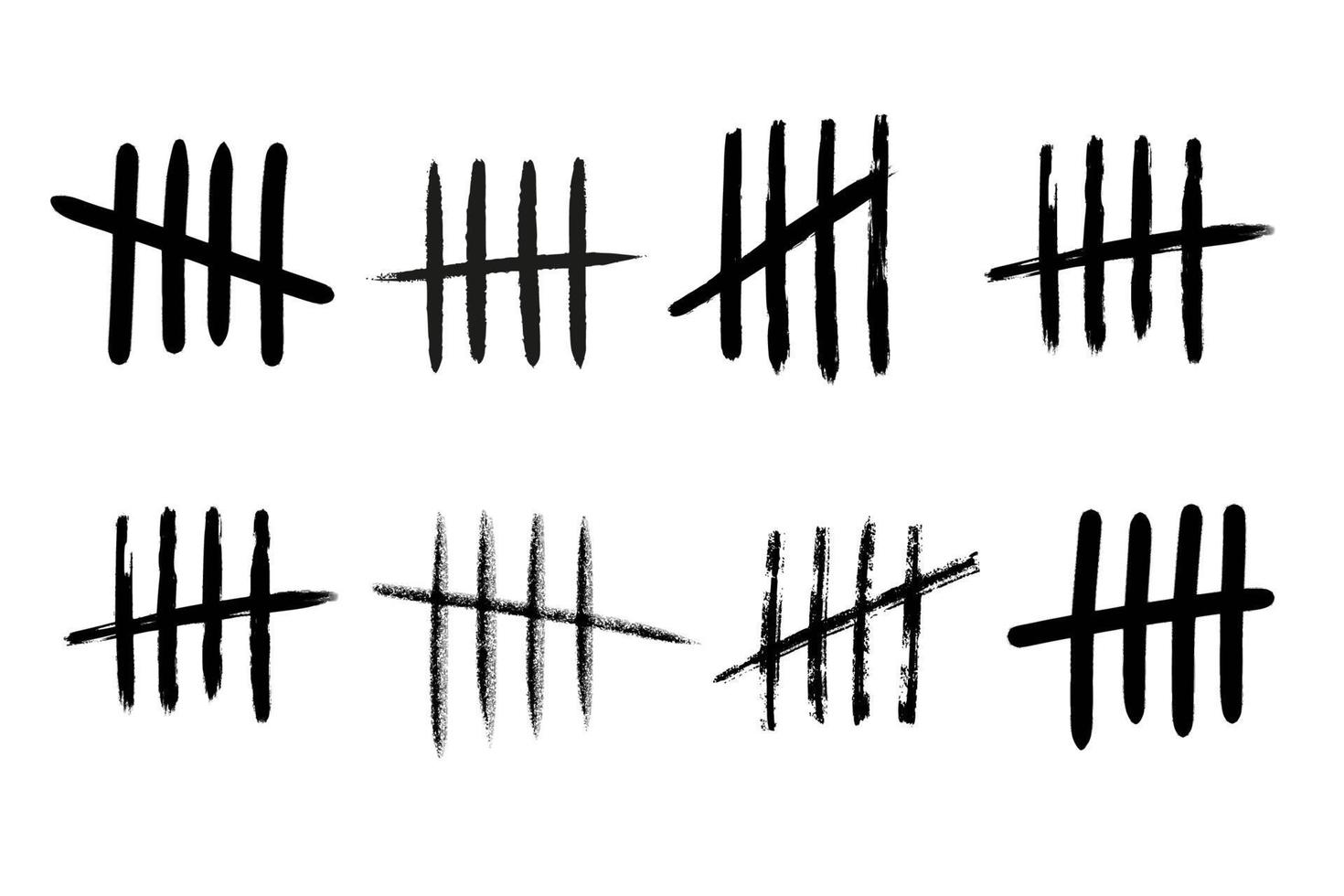 Tally mark number lines on the wall. Hand drawn sticks for counting time in prison. Vector illustration design set.