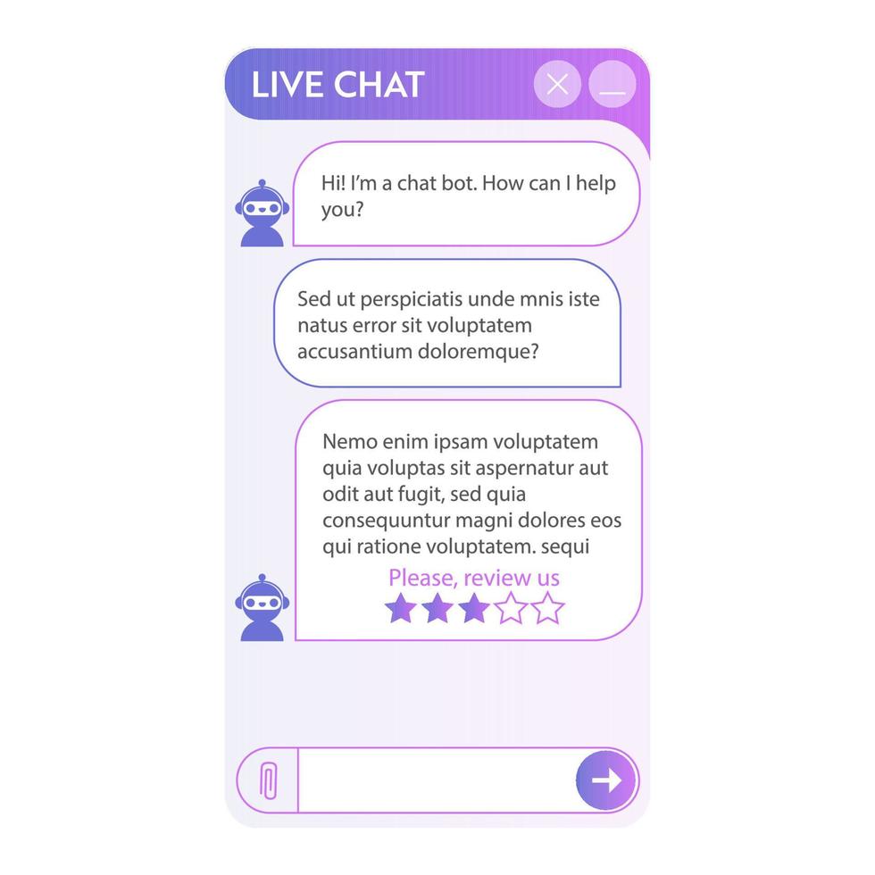 User interface of Chatbot window. User interface of application with online dialogue. Conversation with a robot assistant vector