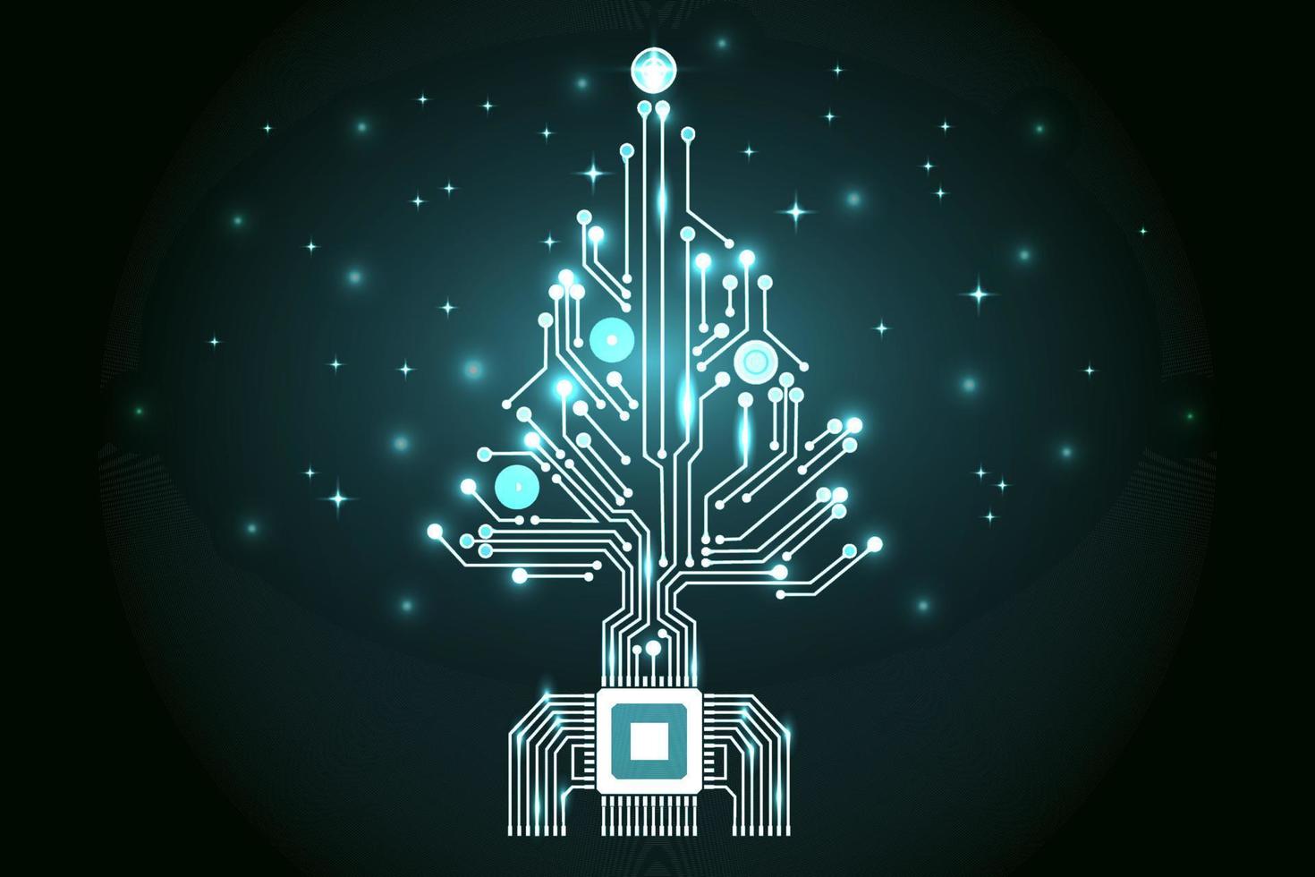 Christmas tree from digital electronic circuit. Abstract green lighting motherboard microchip. Vector illustration