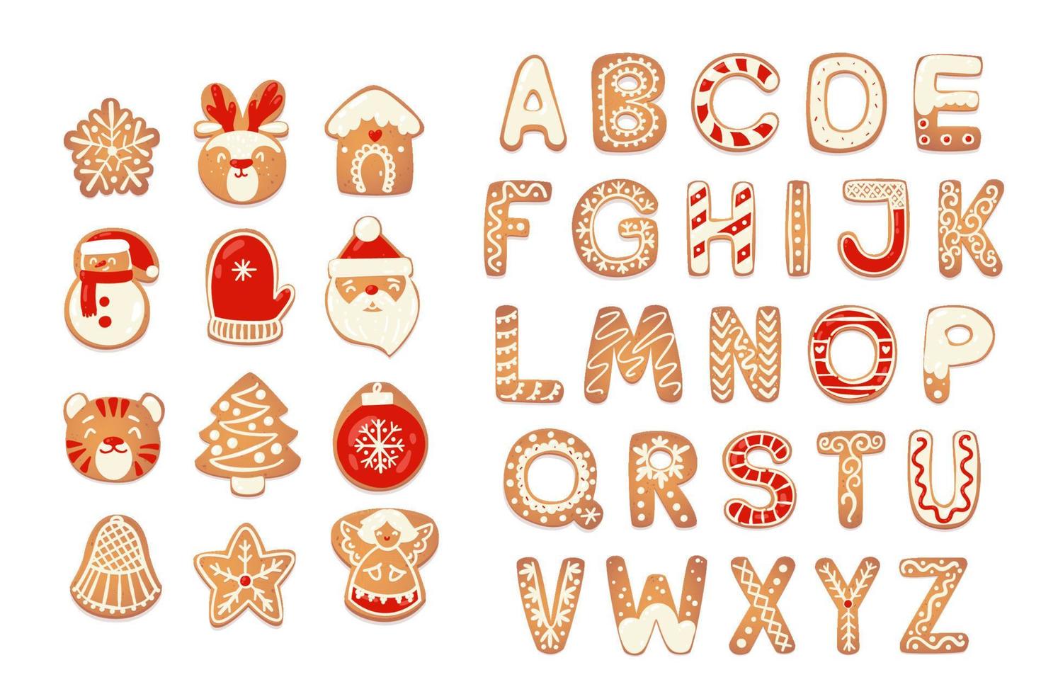 Christmas gingerbread cookies alphabet with figures. Biscuit letters, characters for xmas messages and design. Vector illustration with decorations.