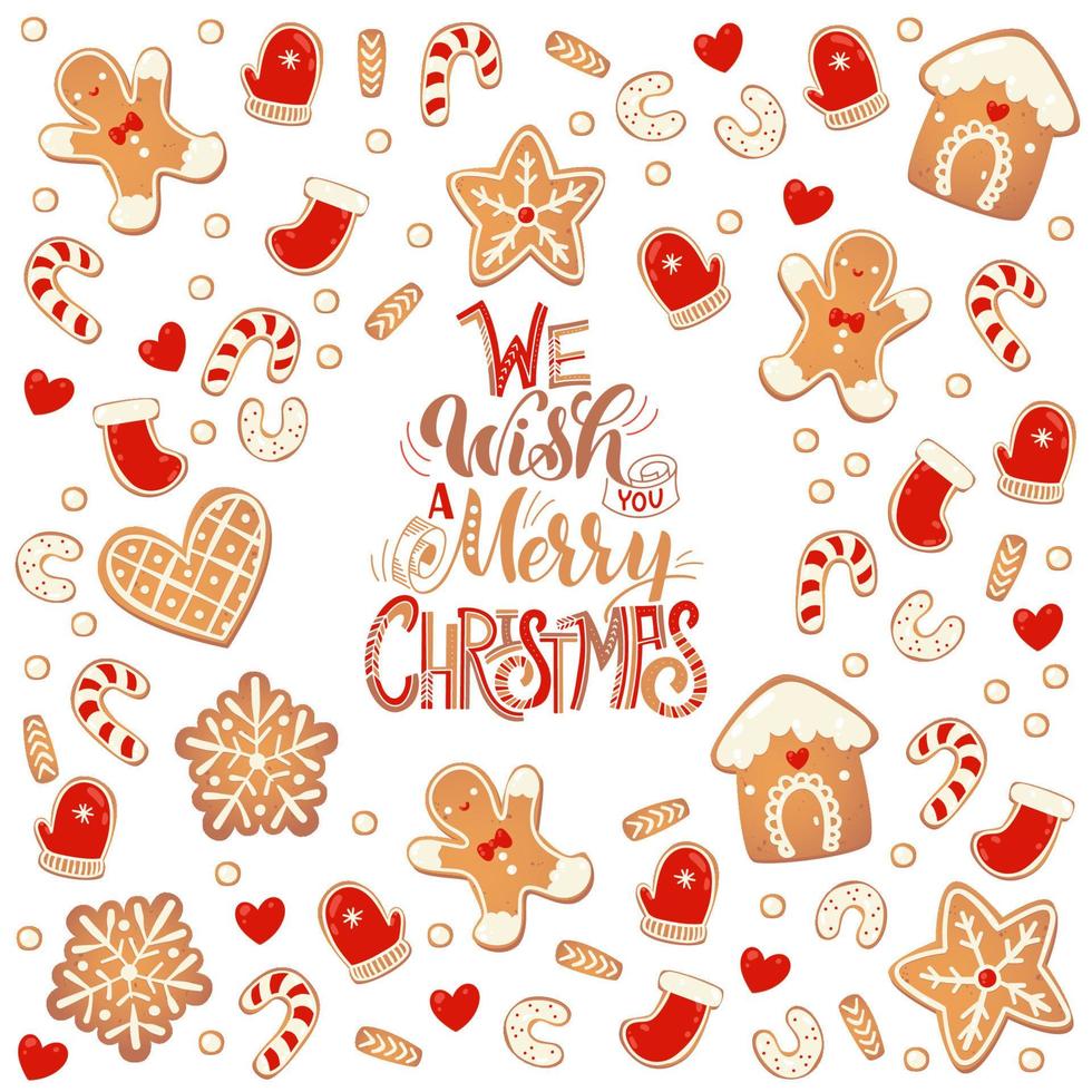 Christmas gingerbread cookies frame isolated. New year design elements. Cartoon hand drawn vector illustration