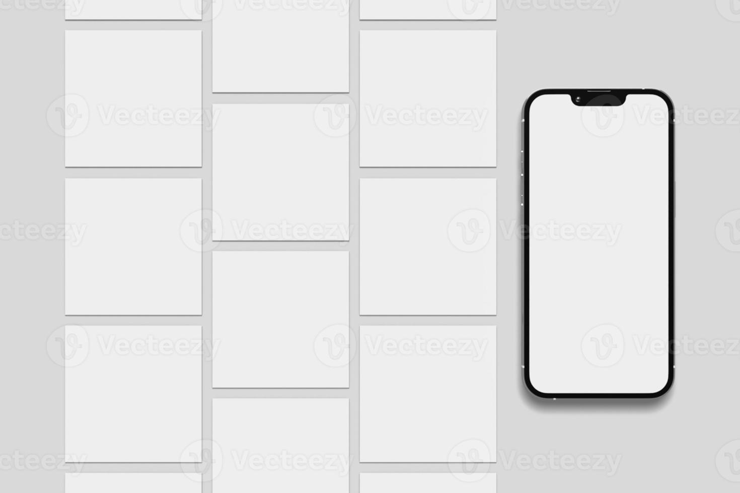 Blank phone with social media post illustration. 3D Render. photo