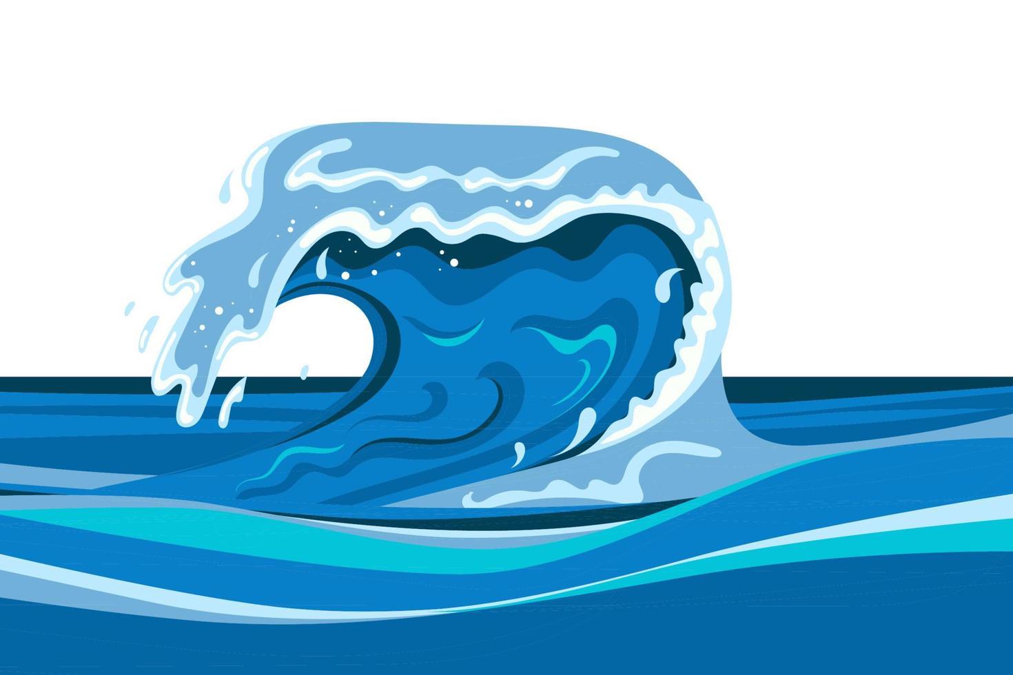 Tsumani wave in flat cartoon style. Big blue tropical water splash with white foam. Vector illustration isolated in white background