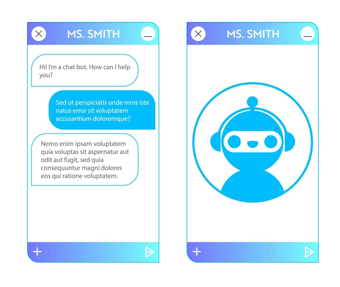 Chatbot window with robot icon. User interface of application with online dialogue. Conversation with a robot assistant vector