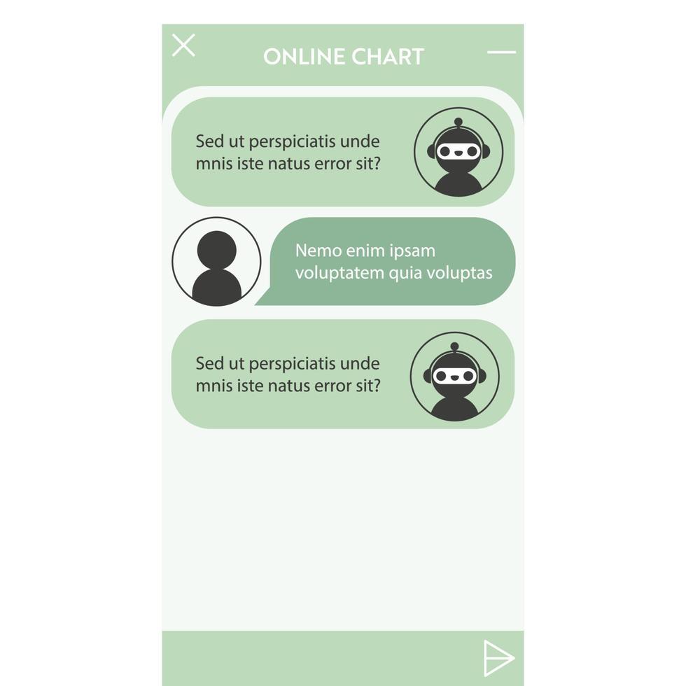 User interface of Chatbot window. User interface of application with online dialogue. Conversation with a robot assistant vector