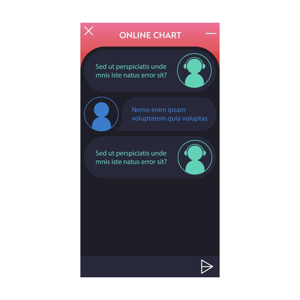 Chatbot window. Dark mode. User interface of application with online dialogue. Conversation with a robot assistant vector