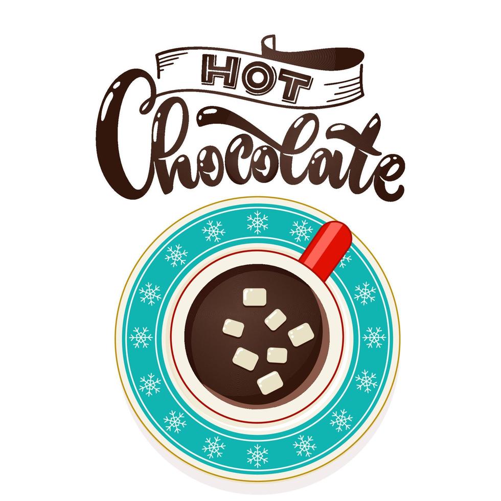 Hot chocolate with marshmallow top view. vector