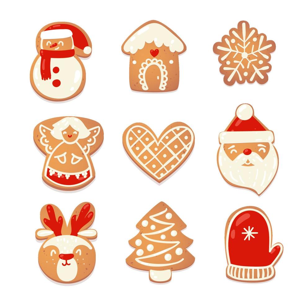 Gingerbread Christmas cute cookies set. Biscuit characters for new year design. Vector cartoon illustration.