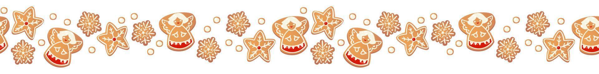 Christmas gingerbread cookies seamless border isolated. New year decorative garland. Cartoon hand drawn vector illustration.