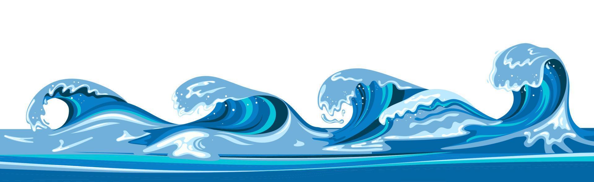 Tsumani wave in flat cartoon style. Big blue tropical water splash with white foam. Vector illustration isolated in white background