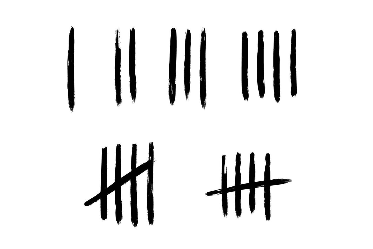 Tally mark number lines on the wall. Hand drawn sticks for counting time in prison. Vector illustration design set.