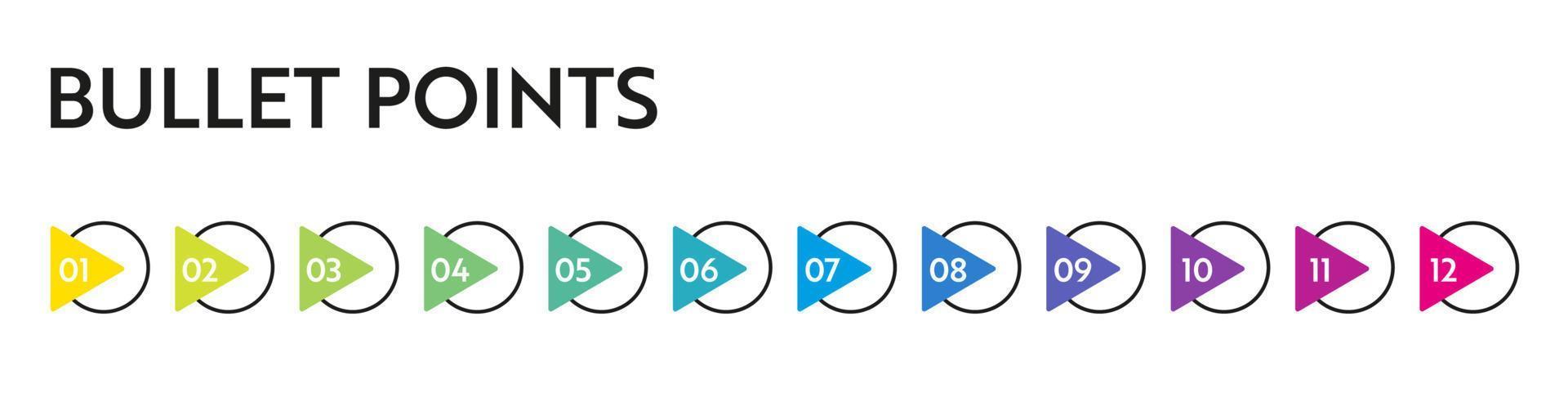 Bullet points numbers. Colorful list markers from 1 to 12. Vector design elements set for modern infographic