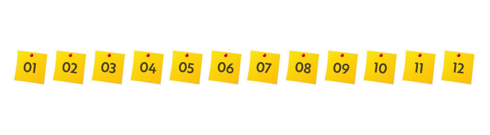 Bullet points numbers. Colorful list markers from 1 to 12. Vector design elements set for modern infographic