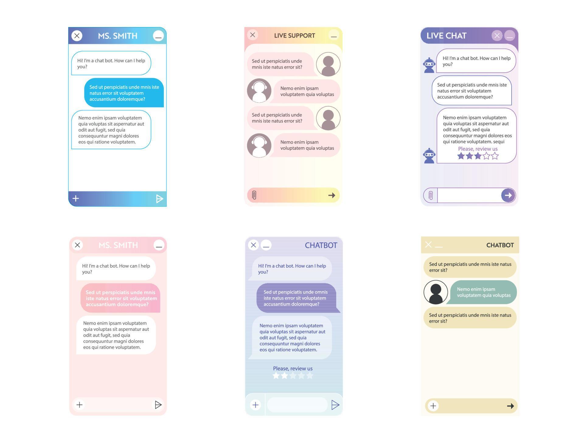 Chatbot windows set. User interface of application with online dialogue ...