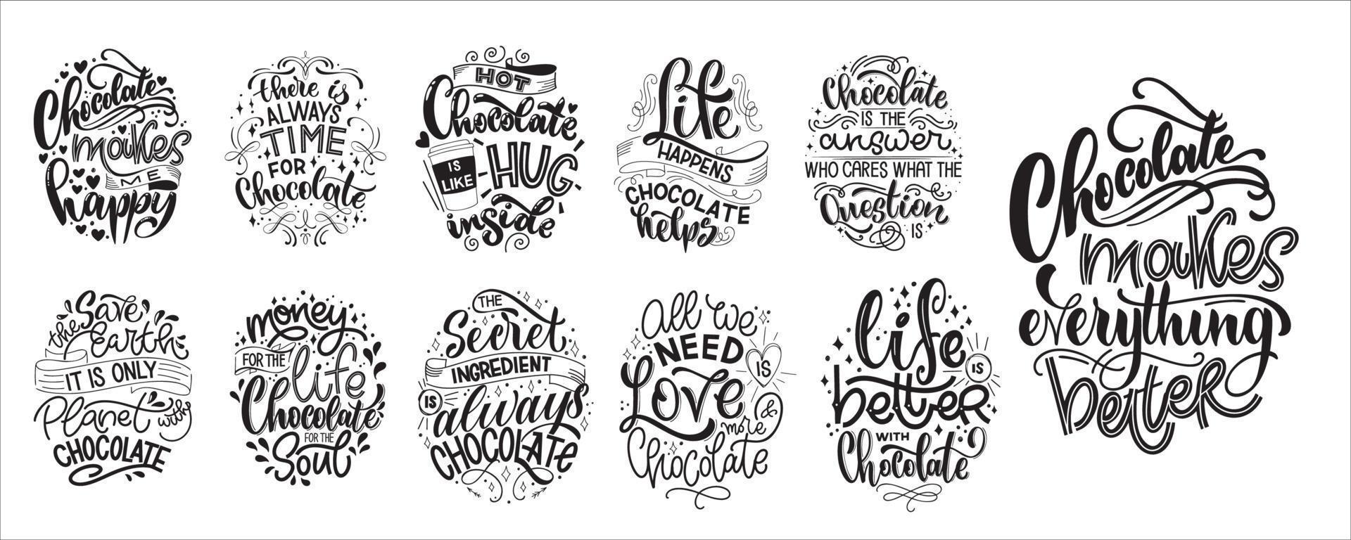 conjunto de citas de letras de mano de chocolate. vector