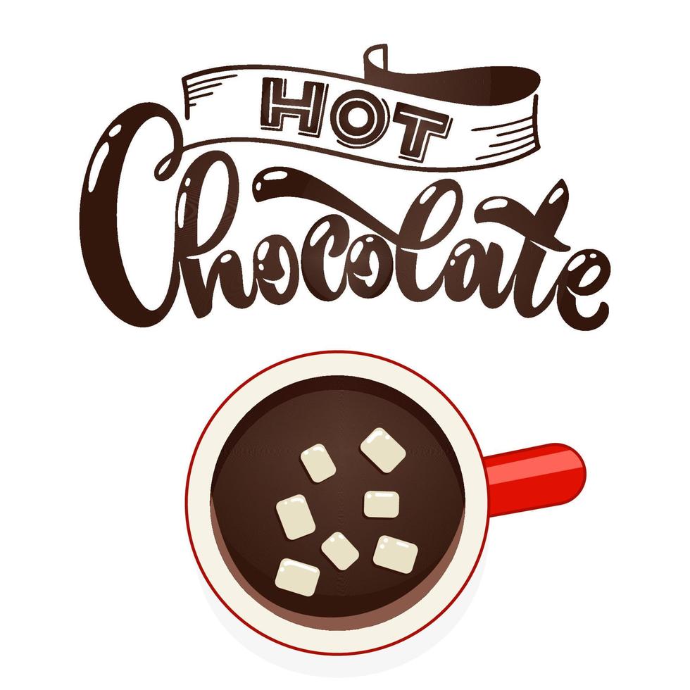 Hot chocolate with marshmallow top view. vector
