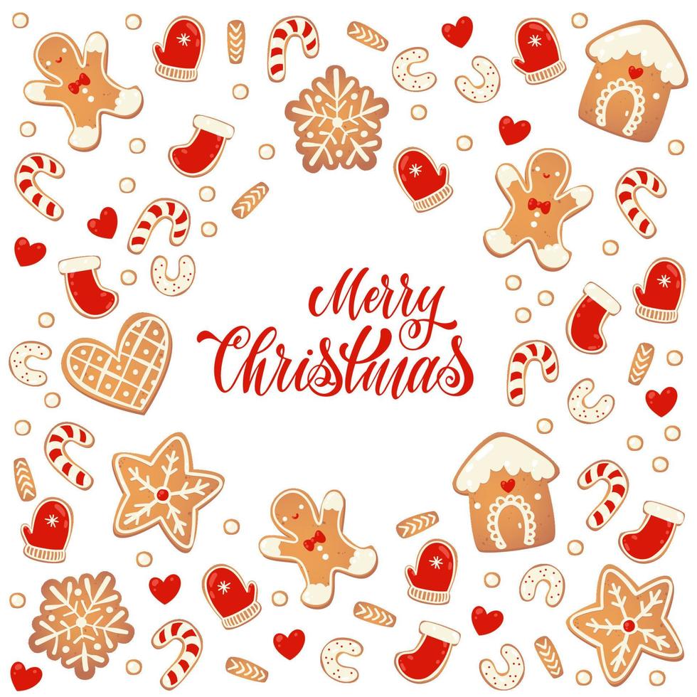 Christmas gingerbread cookies frame isolated. New year design elements. Cartoon hand drawn vector illustration