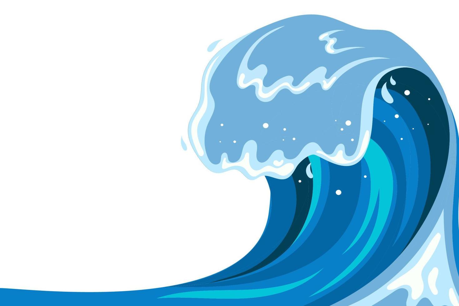 Tsumani wave in flat cartoon style. Big blue tropical water splash with white foam. Vector illustration isolated in white background