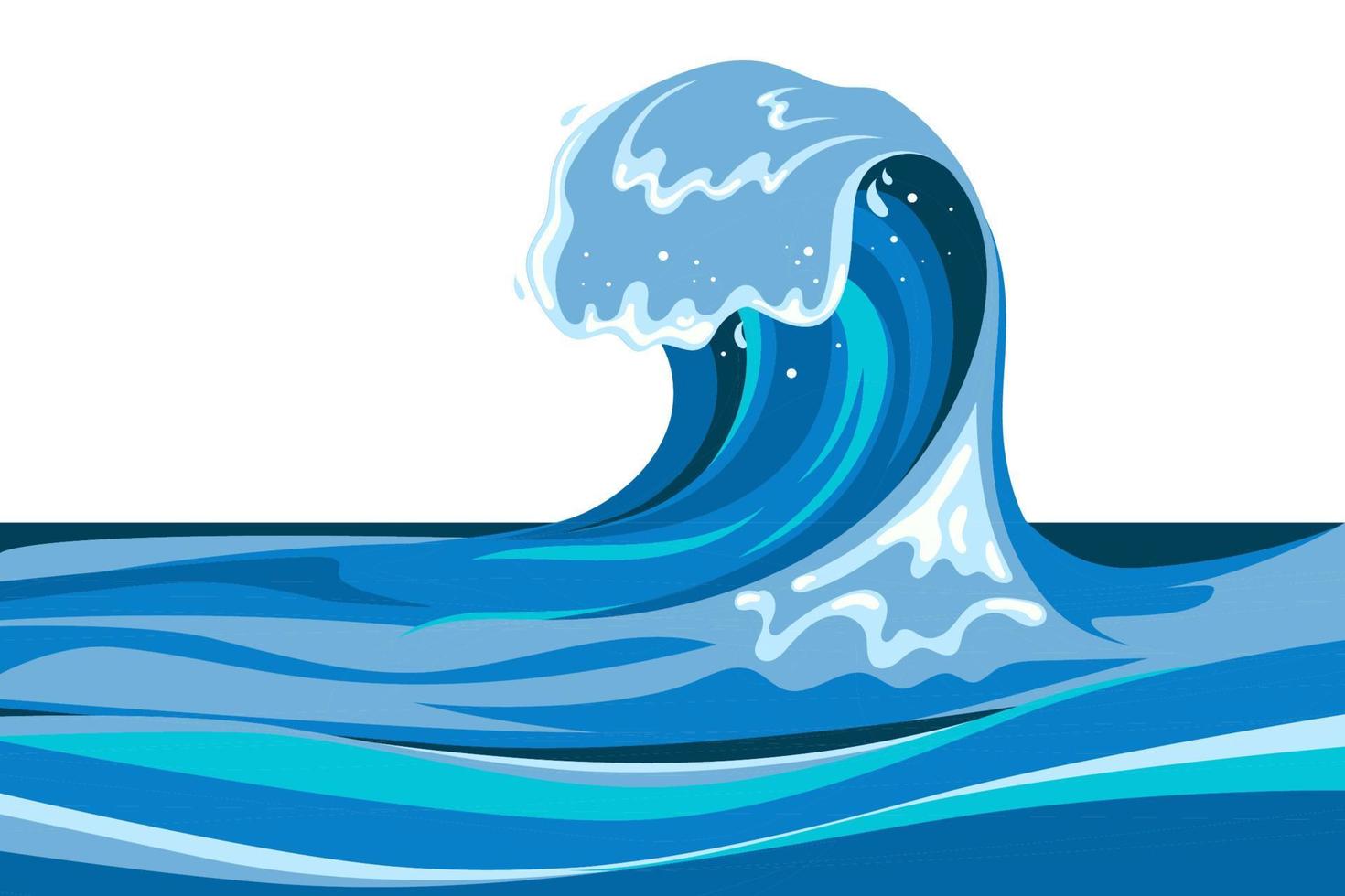 Tsumani wave in flat cartoon style. Big blue tropical water splash with white foam. Vector illustration isolated in white background