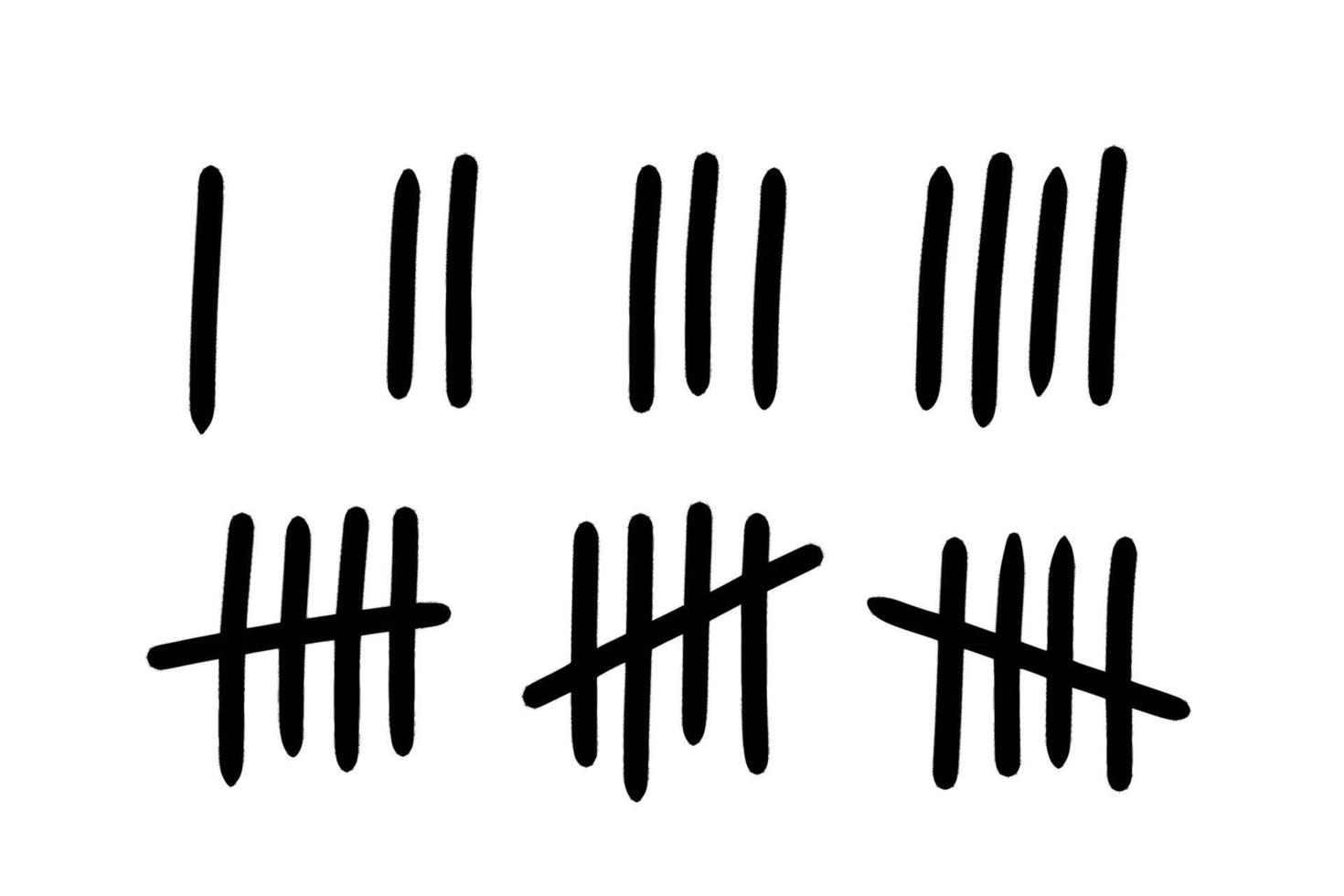 Tally mark number lines on the wall. Hand drawn sticks for counting time in prison. Vector illustration design set.