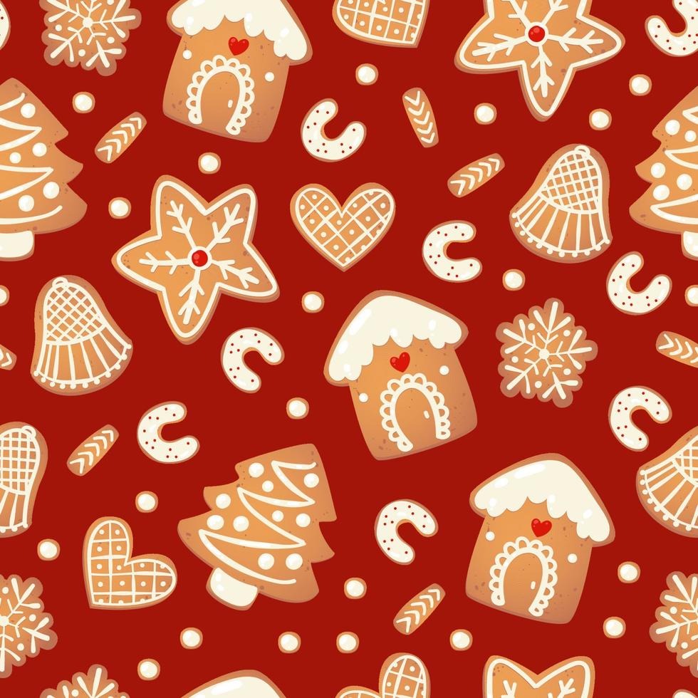 Christmas gingerbread vector seamless pattern.  Winter characters in cartoon style. Holiday design background. New year scandinavian style.