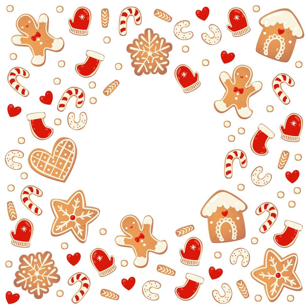 Christmas gingerbread cookies frame isolated. New year design elements. Cartoon hand drawn vector illustration