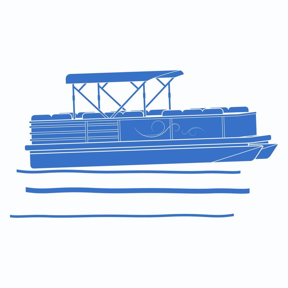 bote pontón de vista lateral semioblicua de estilo monocromático plano aislado editable en ilustración de vector de aguas tranquilas con color azul para elemento de arte de transporte o diseño relacionado con recreación