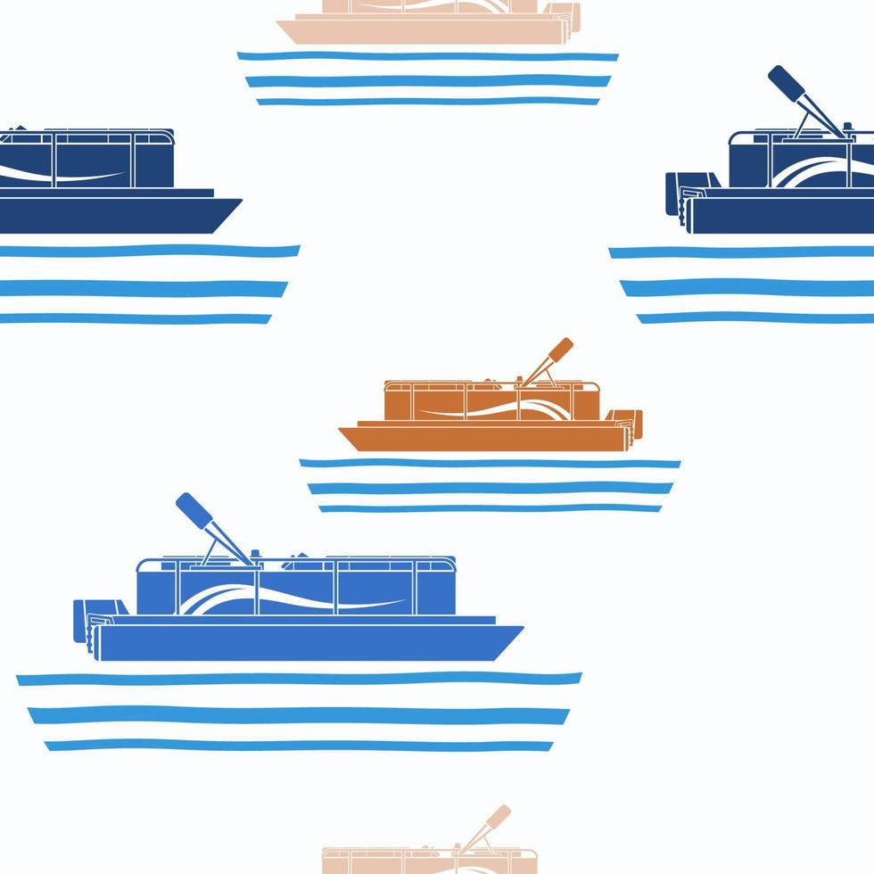 Editable Side View Pontoon Boat on Calm Water Vector Illustration as Seamless Pattern for Creating Background of Transportation or Recreation Related Design