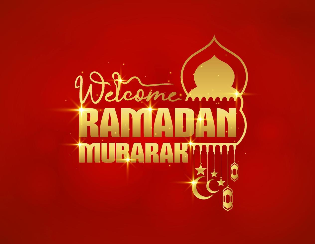 bienvenido ramadan mubarak tarjeta de felicitación, afiche y pancarta. elegante decoración islámica creativa dorada sobre fondo rojo. ilustración de una mezquita decorada con estrellas, lunas crecientes y linterna árabe vector