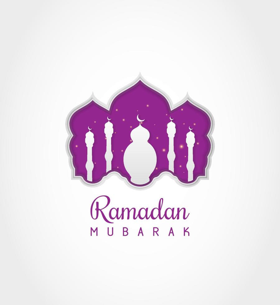 tarjeta de felicitación ramadan mubarak, portada, afiche y pancarta con estilo de corte de papel. hermosa ilustración de mezquita de vector púrpura